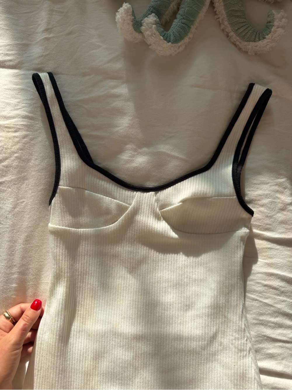 Crescent White Ribbed Dress with Black Trim
